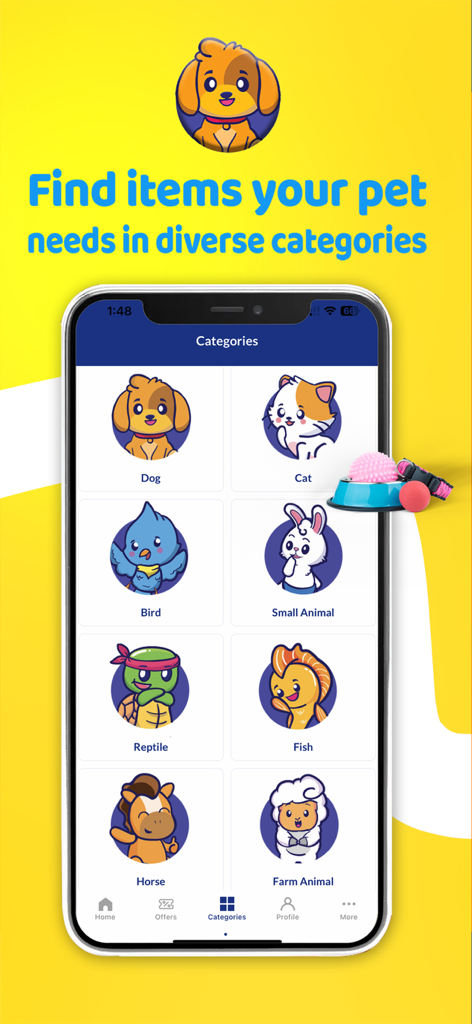 Petzone - Petzone mobile app interface showing various pet shopping categories with cute animal icons