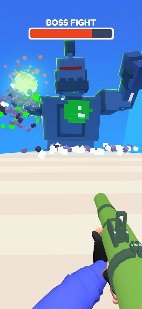 First-person view of a boss fight against a giant blue voxel robot in Block Craft Shooter 3D