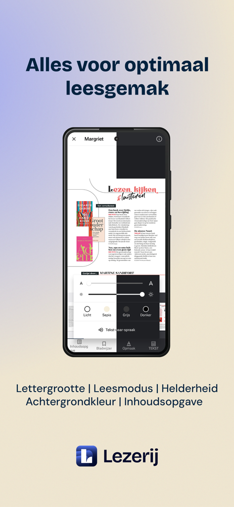 Lezerij app interface showing font size, brightness, and background color settings for an optimal reading experience on a mobile phone.