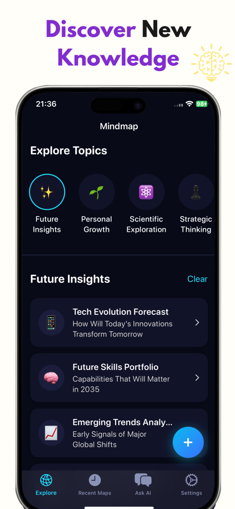 Interface of the Mindmaps AI Foxy app showing various topics to explore such as Future Insights and Personal Growth