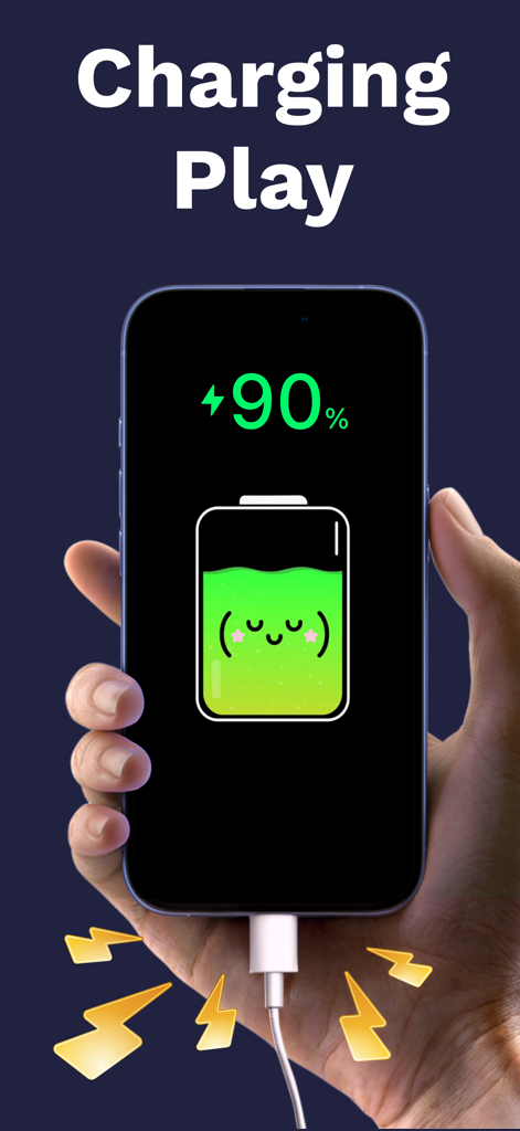 Charging Play & Emoji Battery - An iPhone screen showing a cute green battery with a kaomoji face and a 90 percent charge indicator