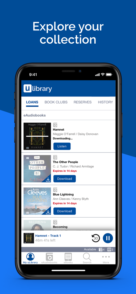 uLIBRARY - uLIBRARY app interface showing a list of borrowed eAudiobooks in the loans section