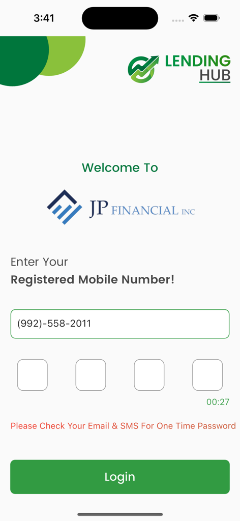 Lending-Hub - Login screen of Lending-Hub app by JP Financial Inc featuring a mobile number input and OTP verification section