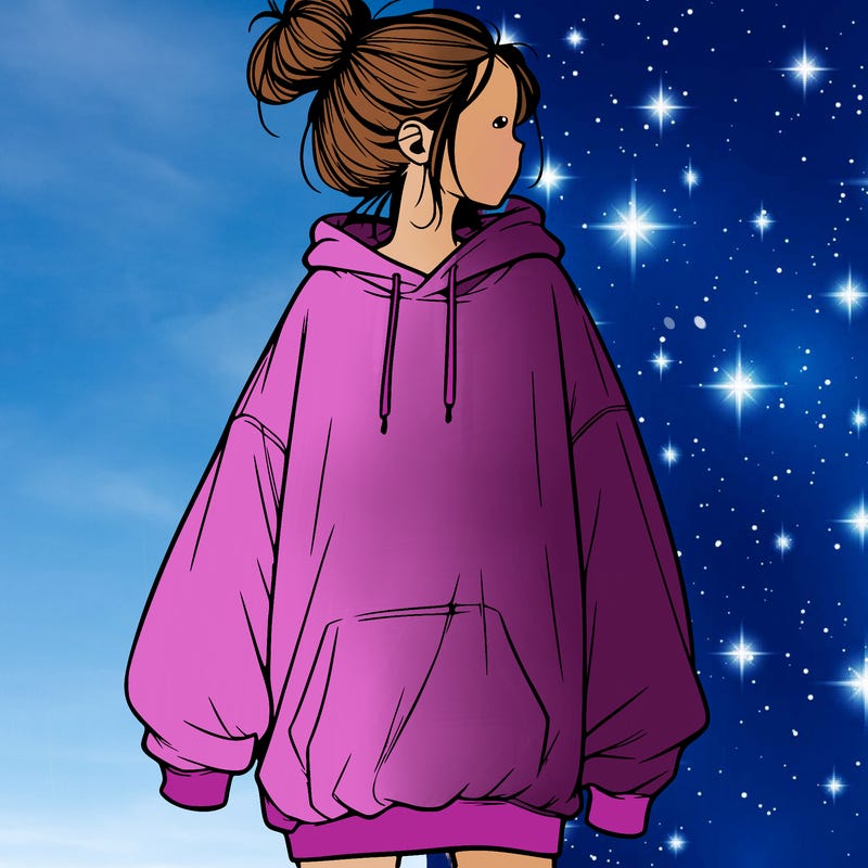 realistic girl with a oversized sweatshirt on and a bun
