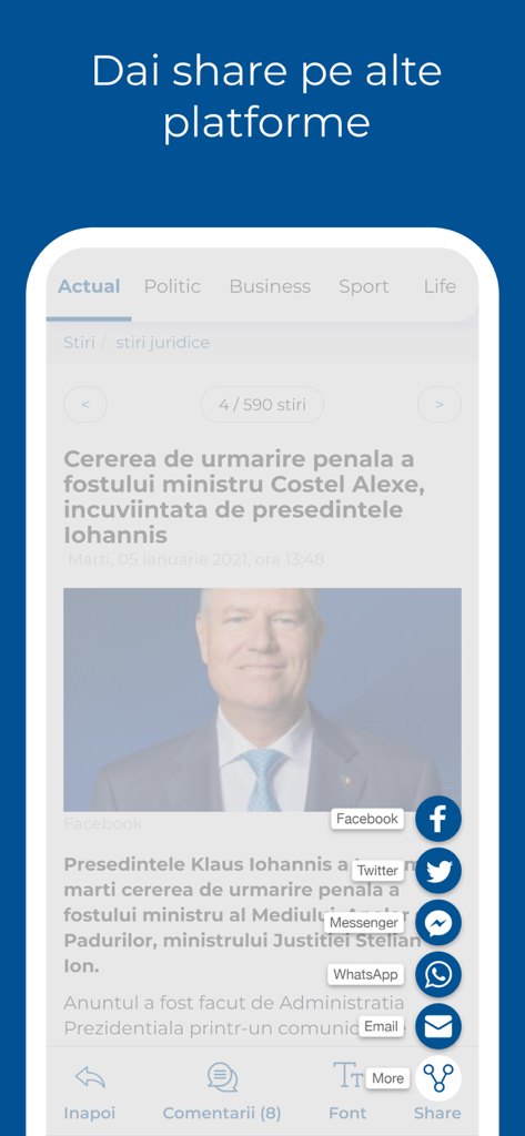 Ziare.com 모바일 앱 인터페이스에 소셜 미디어 공유 버튼이 있는 뉴스 기사가 표시됩니다.