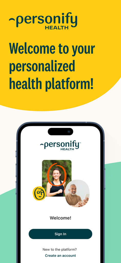 Écran d'accueil de l'application Personify Health sur un téléphone mobile affichant les options de connexion et de création de compte