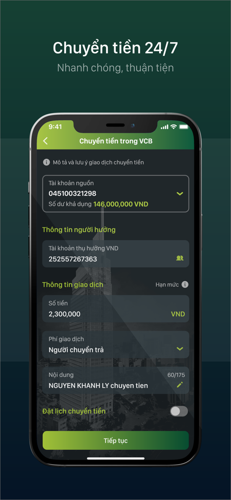 VCB DigiBiz - Tela do aplicativo móvel VCB DigiBiz mostrando uma transação de transferência de dinheiro interna em modo escuro