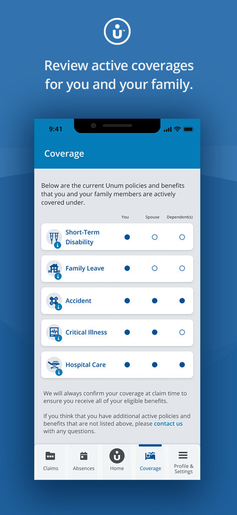 MyUnum for Members - Mobile screen showing a summary of active Unum insurance policies including short term disability and family leave.