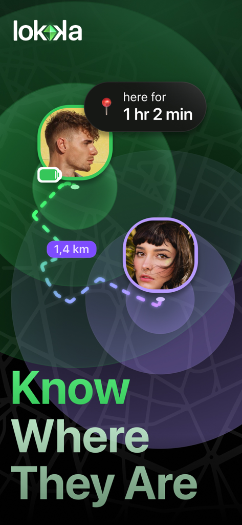 Location Tracker & GPS - Lokka - Real-time location tracking interface of the Lokka app showing two users on a map with status updates