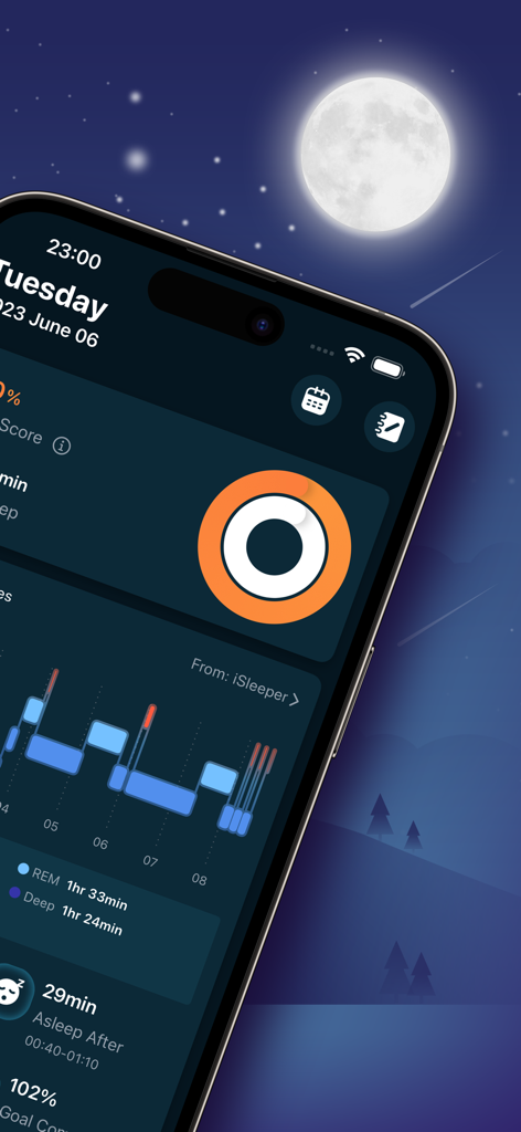 iSleeper: Sleep Tracker - Interface do aplicativo iSleeper exibindo estatísticas de ciclos de sono, incluindo dados de sono REM e profundo em um iPhone.