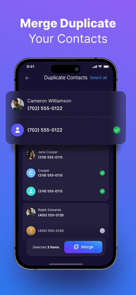 A screenshot of the iCleanUp app displaying the interface to identify and merge duplicate contacts on an iPhone.