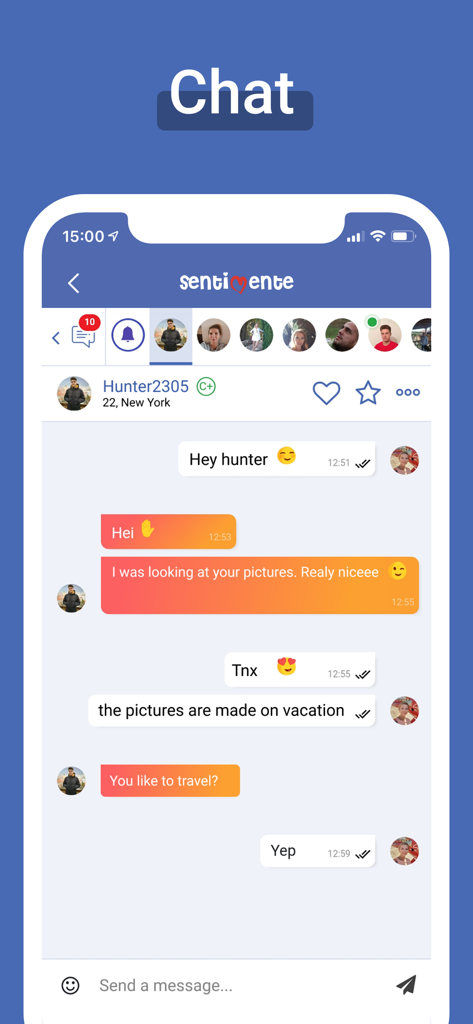 Sentimente - Sentimente dating app chat interface showing a private conversation and user profile icons