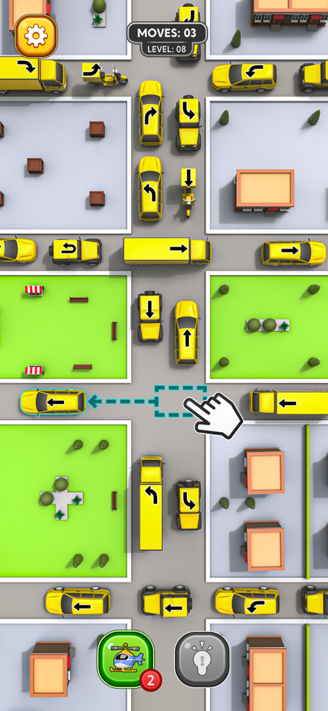 Jugabilidad de Tiny Car Escape que muestra una vista cenital de un puzzle de atasco con coches amarillos
