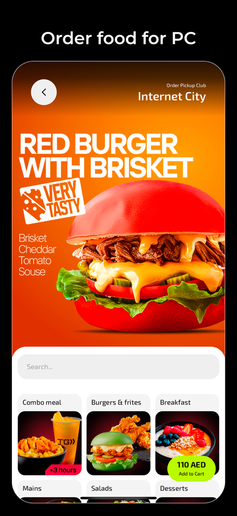 iZi Play app interface for ordering food at a gaming club featuring a red bun brisket burger and menu categories
