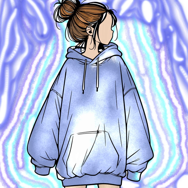 realistic girl with a oversized sweatshirt on and a bun