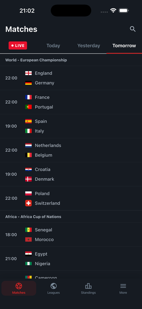 Yacine TV app interface showing upcoming football matches and schedules in dark mode