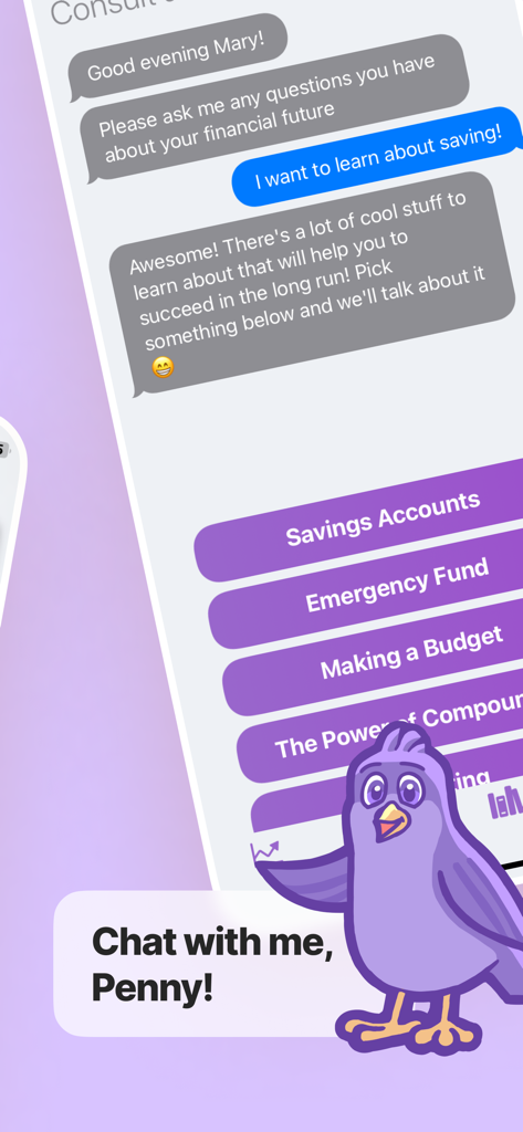 Savee - Plan For The Future - A chat interface with a purple bird mascot named Penny providing financial advice and savings options in the Savee app.