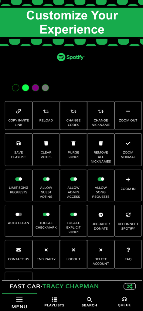 Oberfläche der Jukebox App, die das Menü zum Anpassen deines Erlebnisses mit verschiedenen Party-Management- und Spotify-Integrations-Einstellungen anzeigt