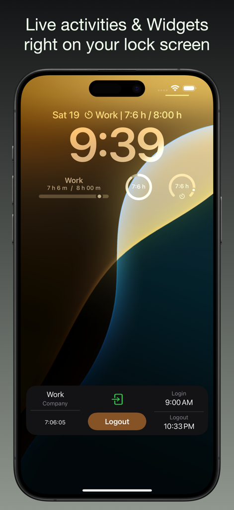 iboChron - Work Time Tracker - iPhone Sperrbildschirm mit iboChron Live-Aktivitäten und Widgets zur Zeiterfassung