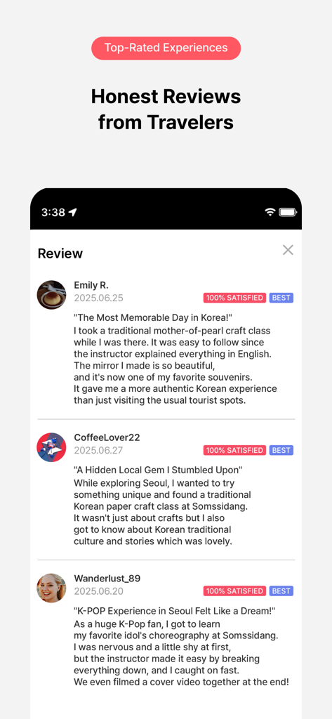 SOMSSIDANG - Experience Korea - User reviews of Korean cultural experiences on the Somssidang app including K-Pop dance and traditional crafts