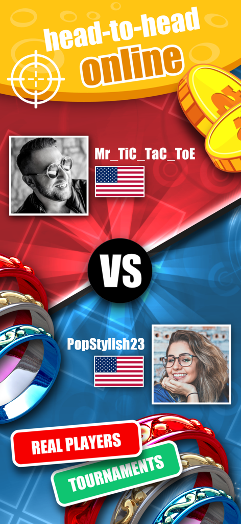 Head to head online match between two real players in the Color Ring Cash Tournament mobile game