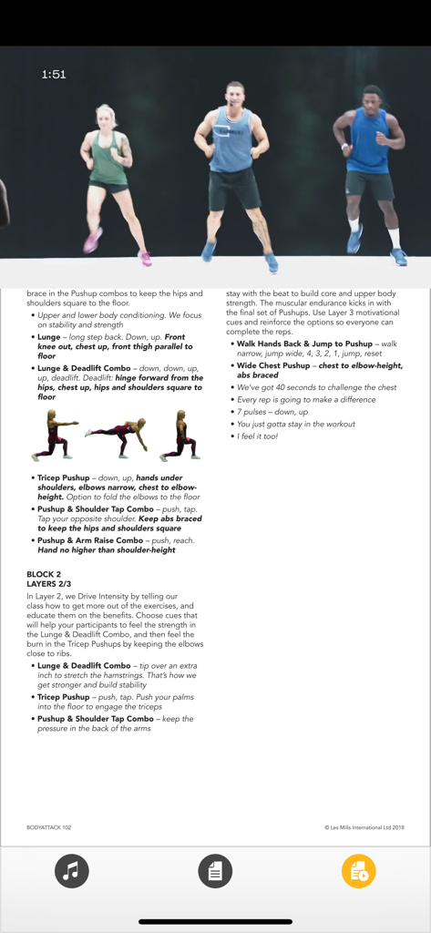 Les Mills Releases - 상단에는 마스터 클래스 동영상, 하단에는 강사용 상세 안무 및 코칭 노트가 표시되는 인터페이스