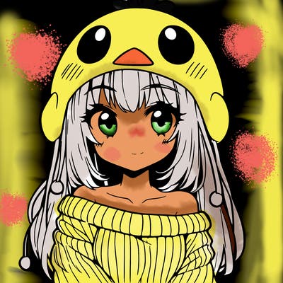 anime girl with chick shaped hat with sweater with bare shoulders with bangs covering them one eye with low tail