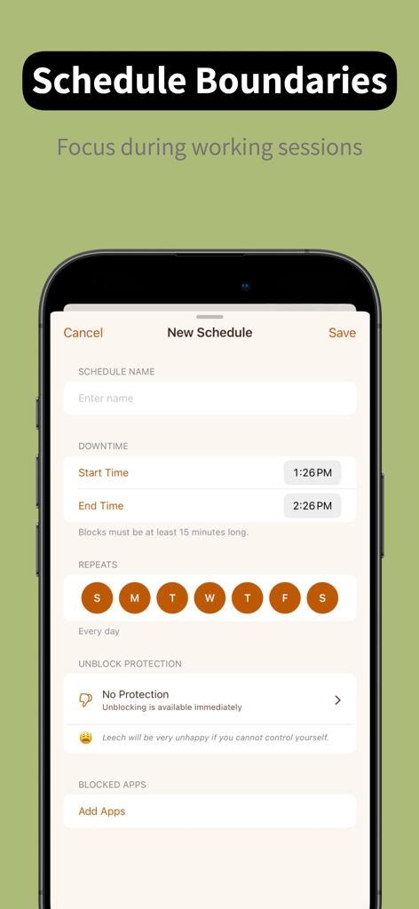App Time Limit: Screen Leech - Screen Leech app interface for setting up screen time schedules and focus boundaries.