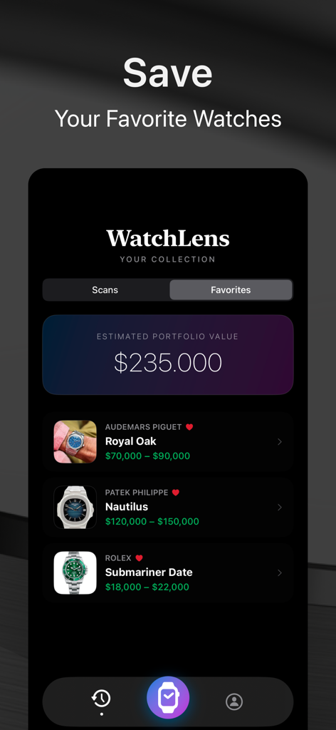 WatchLens: Watch Identifier - WatchLens app interface showing a favorite watch collection with estimated market values and total portfolio worth