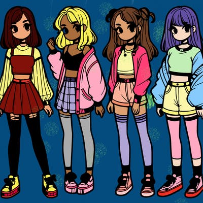 one girl with crop-top shirt and a jacket with a skirt, long socks and another girl with a shirt and pants with a jacket