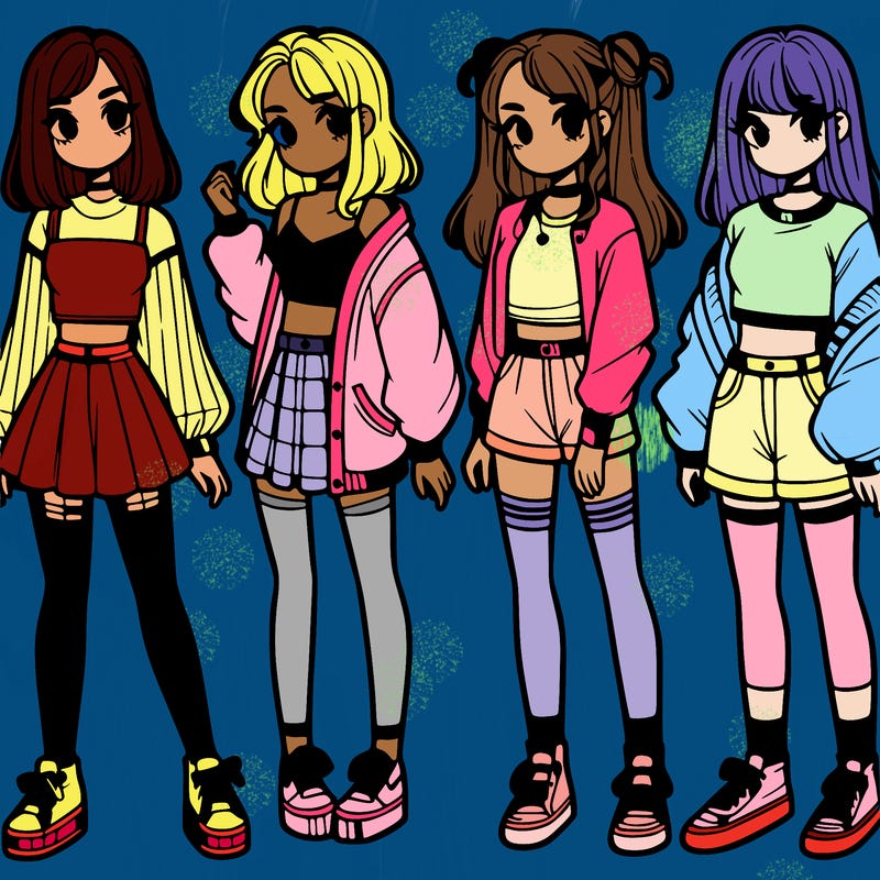 one girl with crop-top shirt and a jacket with a skirt, long socks and another girl with a shirt and pants with a jacket