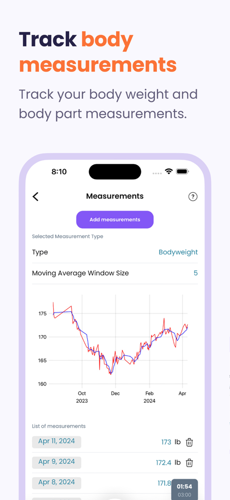 Liftosaur: Scriptable Workouts - Liftosaur app interface displaying body weight progress graph and measurement log