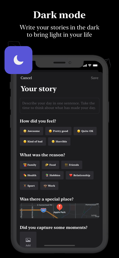 Private Journal: Punkt - Punkt private journal app interface in dark mode showing mood and story entry options.