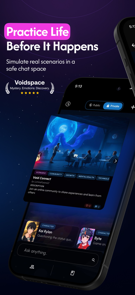 Voidspace AI - Voidspace AI app interface showing a scenario simulation chat with the headline Practice Life Before It Happens and character avatars.