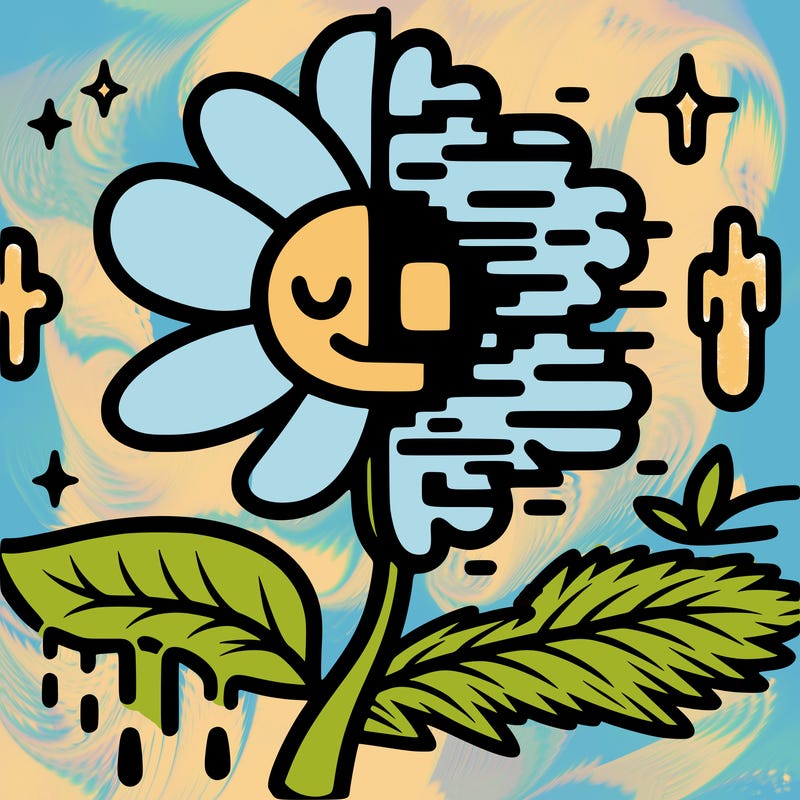 flower split with one drippy one glitchy one cartoon and one realistic