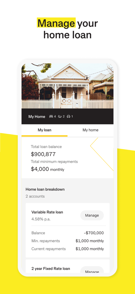 CommBank app dashboard showing home loan balance and monthly repayment details for a property