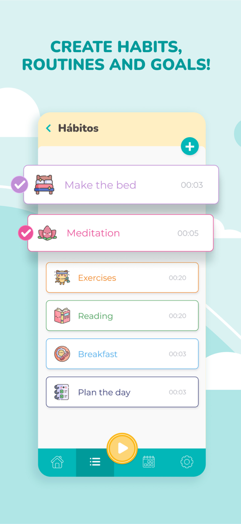 Morning Habits - Daily Routine - Tela do aplicativo Hábitos Matinais mostrando uma lista de rotinas e hábitos diários