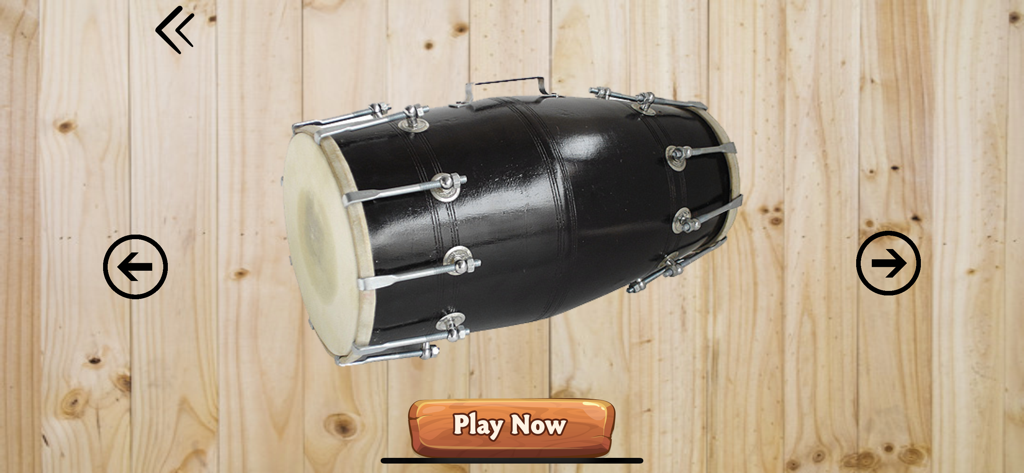 Tabla Drums Dhol Piano Guitar - A virtual Indian Dhol drum displayed on a wooden background with a Play Now button