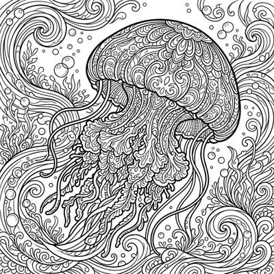 Unleash your artistic flair with this stunning Blue Blubber Jellyfish coloring page, featuring a beautifully detailed creature amidst swirling ocean currents. Perfect for those who love marine life and intricate designs.