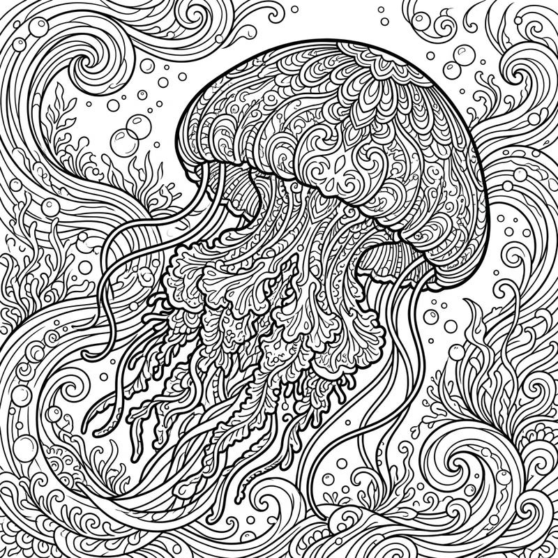 Unleash your artistic flair with this stunning Blue Blubber Jellyfish coloring page, featuring a beautifully detailed creature amidst swirling ocean currents. Perfect for those who love marine life and intricate designs.
