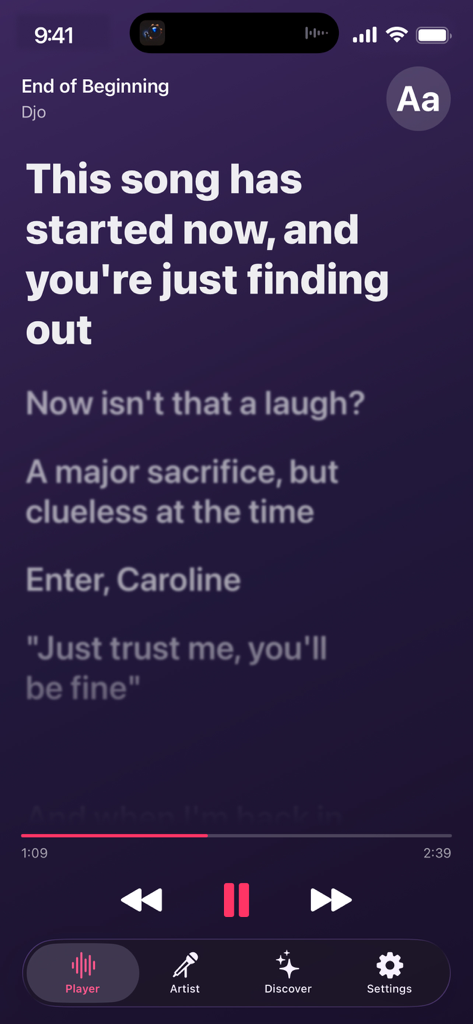 Full screen view of the Dynamic Lyrics app showing real-time song lyrics for End of Beginning by Djo with music playback controls