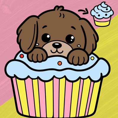 a puppy is poking out of a cupcake