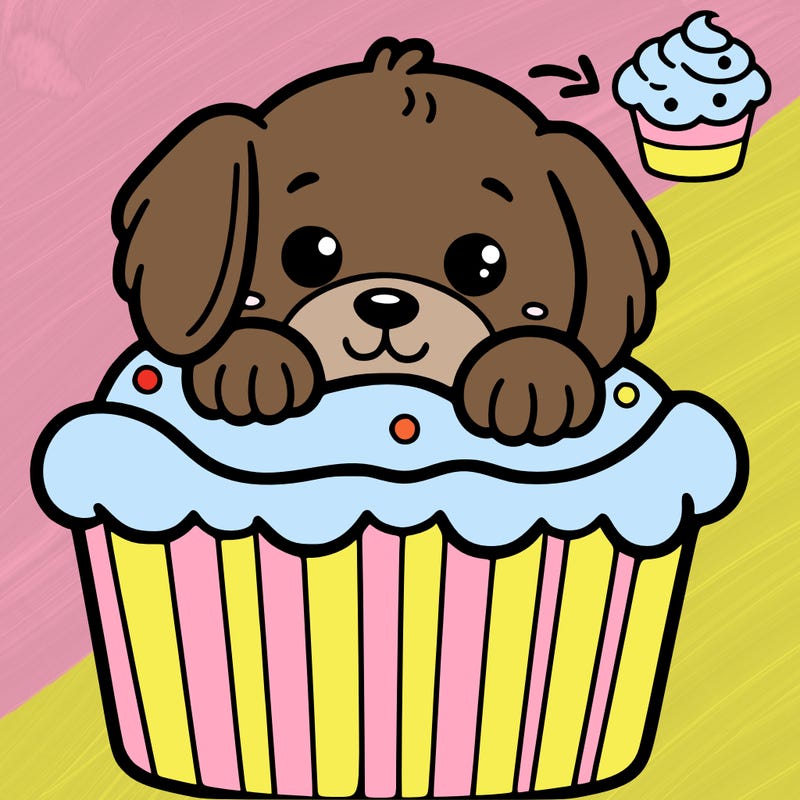 a puppy is poking out of a cupcake