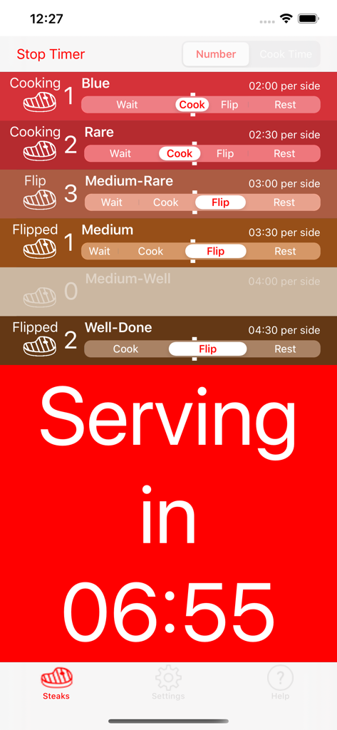 Steak Timer Pro - Steak Timer Pro app interface showing simultaneous timers for multiple steaks with different doneness levels.