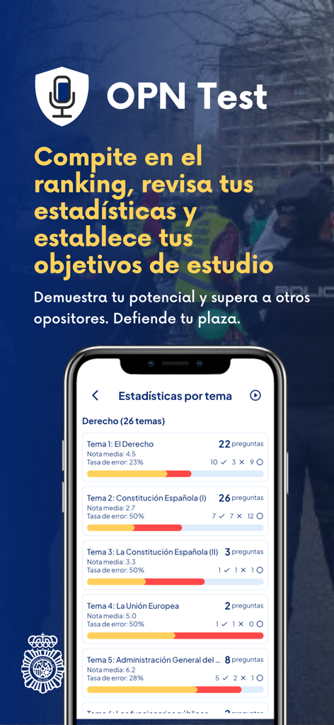 OPN Test Policía Nacional - Estadísticas de estudio personalizadas por tema en la aplicación OPN Test para candidatos a la Policía Nacional