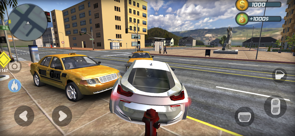 A white sports car and a yellow taxi on a city street in the Go To Street 2 game