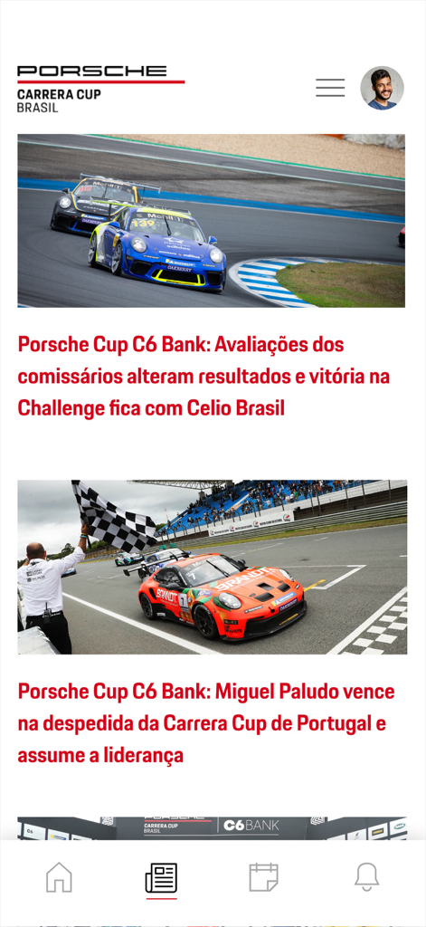 Porsche Cup Brasil 앱 뉴스 피드에는 레이싱 업데이트 및 결과가 특징입니다.