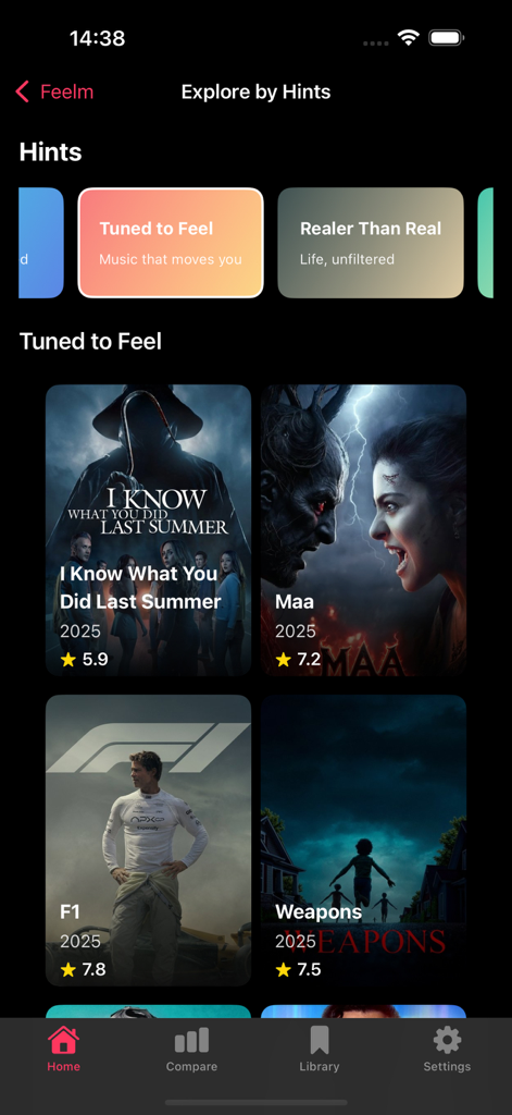 Un écran d'application mobile intitulé Explorer par indices montrant des catégories de films et des affiches de films tendance avec des notes.