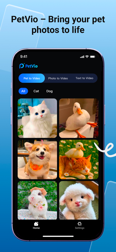VidMax-AI Reshape,Photo,Video - Smartphone screen displaying the PetVio feature of the VidMax app with various pet photos and AI video generation options.