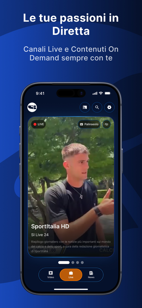 Uno schermo di smartphone che mostra l'app Sportitalia con uno streaming video di sport live.